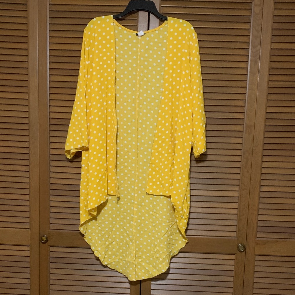 NY Invasion Yellow Polka Dot Hi Low 3/4 Sleeve Lightweight Cardigan Duster XL